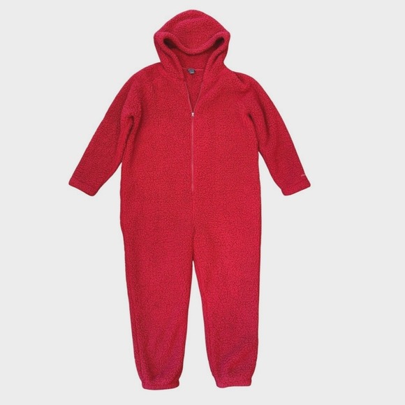Eddie Bauer Other - Eddie Bauer Plush Camp Suit Hooded Jumpsuit Sz L Sherpa Fleece Red Teddy Bear